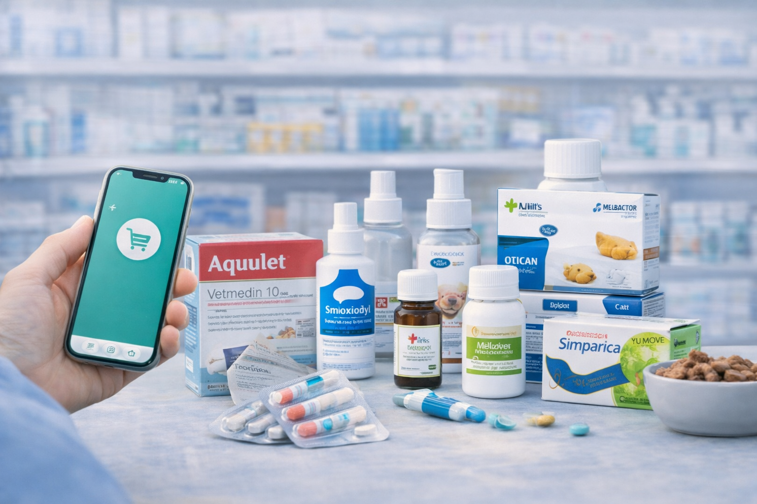 Productes de farmàcia veterinària sobre el mostrador
